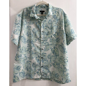 Van Huesen Mens XL Short Sleeve Button Shirt‎ Hawaiian Blue Green Floral